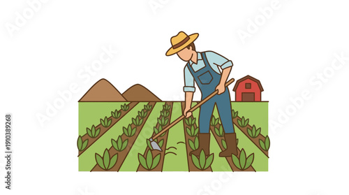Farmer working in a field with crops and a barn in the background, vector illustration