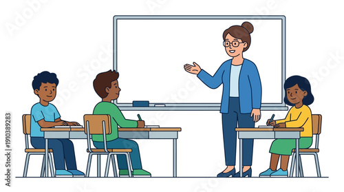 Teacher instructing diverse elementary school students in a modern classroom, fostering an inclusive and engaging educational environment