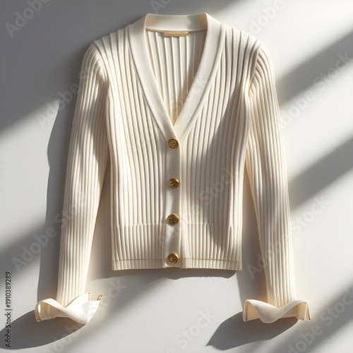 Cream neutral ribbed cardigan featuring sleek slim silhouette.