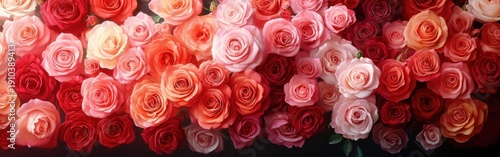 Dense arrangement of red, pink, peach and cream roses filling the frame, lush layered petals evoking romantic warmth and elegant beauty