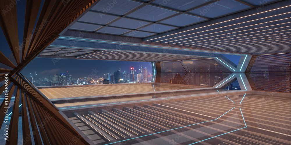 Fototapeta premium 3d render futuristic concrete terrace with city skyline at night