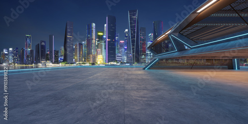 Wallpaper Mural 3d render futuristic cityscape at vivid night with empty concrete ground Torontodigital.ca