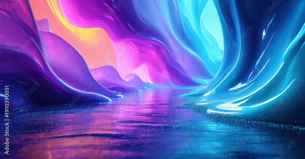 Fototapeta premium Abstract fluid shapes, vibrant colors create surreal tunnel. Reflections shimmer, evoking dreamlike atmosphere. Light plays across surfaces.