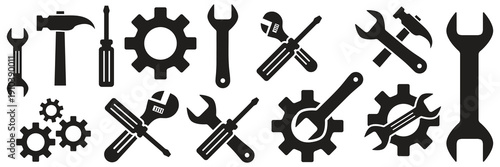 Repair and Maintenance Tools Icon Set – Wrench, Screwdriver and Gear Service Symbols Vector, Workshop Repair Tools Vector Icons – Wrench and Screwdriver Glyph Set