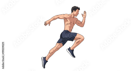 Illustration of a muscular man running shirtless in athletic shorts and sneakers on a white background.