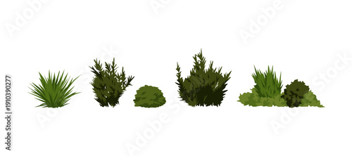 Flat Vector Set of Green Bushes and Grass Plants Isolated on White Background