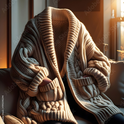 Warm beige oversized chunky cardigan with thick cable knit.