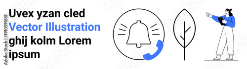 Bell with call icon, outline leaf, and a character pointing with a clipboard. Ideal for notifications, communication, minimalism, eco-friendly themes, education, teamwork simple landing page