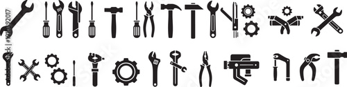 Set of Workshop Tools and Hardware Equipment Icons - Black Vector Silhouettes on White Background
