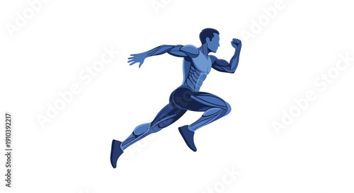 A blue-tinted male athlete sprinting with a dynamic running motion against a clean white background.