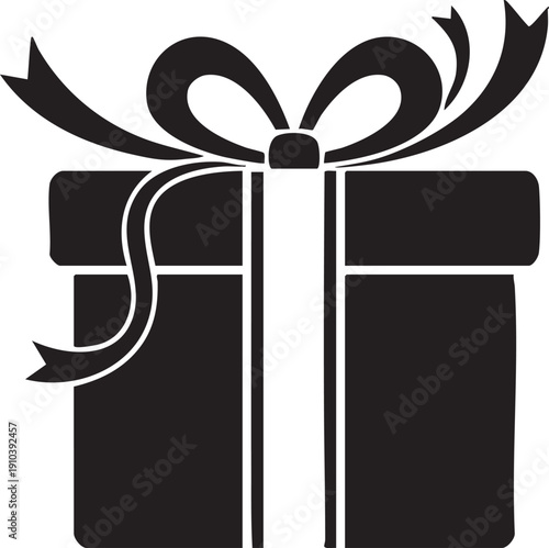 Black gift box with dynamic white ribbon and a stylized bow, unique presentation