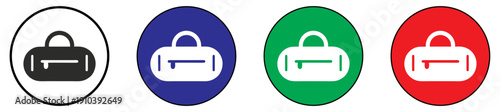 Gym bag icon set with fitness and travel duffel bags in circular buttons
