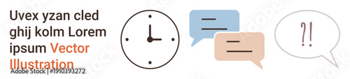 Communication, time management, scheduling, planning, interaction, deadlines. Clock and colorful speech bubbles with text. Communication and time management highlighted