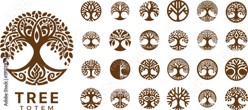 Tree of life totem emblems in brown vector style, circular ornamental logo icons with symmetrical branches and roots, nature symbols with decorative patterns isolated on white background.