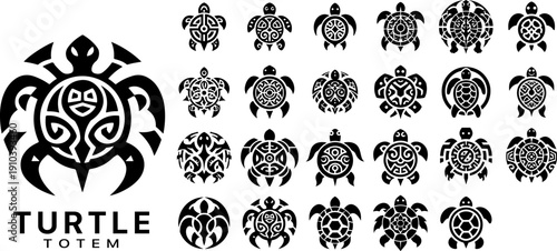 Minimal monochrome turtle totem emblems in bold black vector style, symmetrical tribal sea turtle logo icons with geometric shells and negative space patterns, tattoo symbols isolated