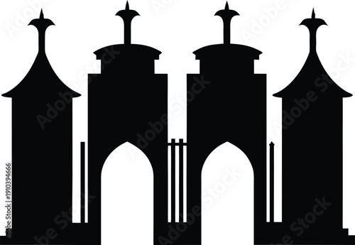 Minimalist silhouette of twin towers with arched gateways, representing entry or establishment
