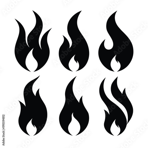 Set of Six Black Flame Silhouettes, Simple and Versatile Fire Icons for Design