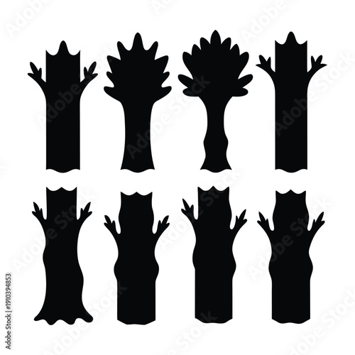 Diverse Collection of Tree Bark Silhouettes in Black and White for Artistic and Design Applications