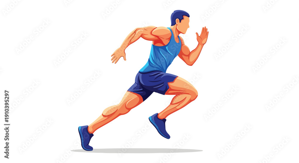 Fototapeta premium Illustration of a muscular man running in a blue shirt and shorts on a white background with a dynamic pose.