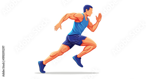 Illustration of a muscular man running in a blue shirt and shorts on a white background with a dynamic pose.