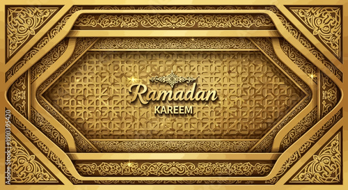 Golden Ramadan Kareem greeting card with intricate Arabesque patterns and ornamental design elements on a luxurious background.