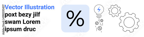 Finance, innovation, productivity, idea generation, economic growth, technology. Percentage symbol with a lightbulb emitting coins, alongside two gears. Finance and innovation are highlighted