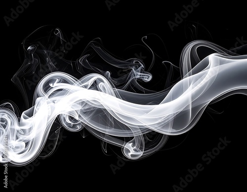 Ethereal white smoke curls elegantly against a stark black backdrop, creating a wispy, flowing abstract pattern