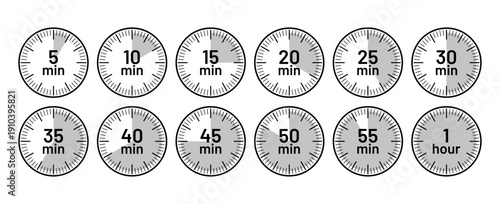 Chronometer deadline in flat design. Cooking indicators. Set of clocks with different minutes. Timer icons. Stopwatches in circle shape. Countdown timer symbols. Vector illustration.