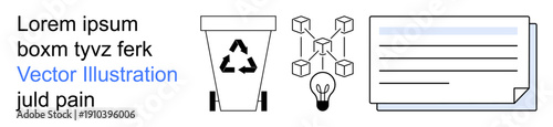 Sustainability, blockchain, innovation, eco-friendly practices, digital solutions, technology advancement. Recycling bin, blockchain cubes light bulb document icons. Sustainability and blockchain