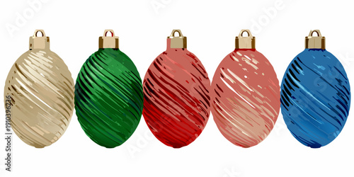A row of colorful striped christmas ornaments against a white background