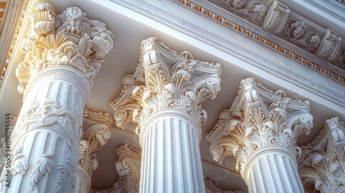 ornate white classical columns with carved corinthian capitals, fluted shafts and decorative entablature bathed in warm sunlight, evoking grandeur and serene elegance