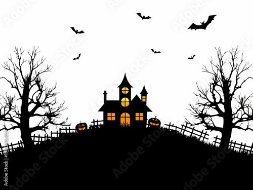 Spooky halloween scene featuring a haunted house and silhouetted bats