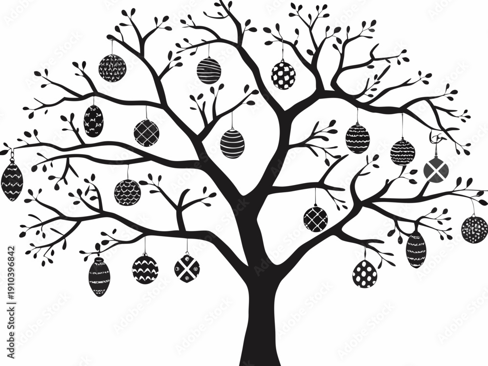 Obraz premium A stylized black tree adorned with numerous patterned easter eggs