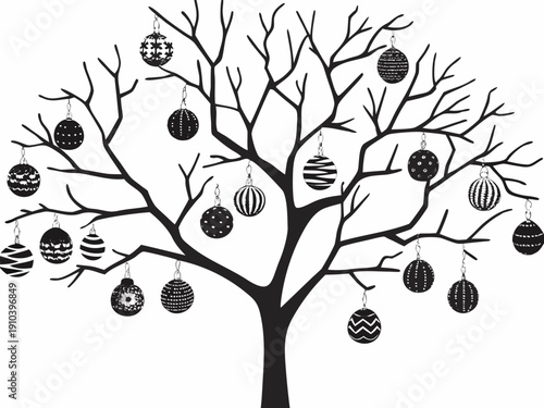 A silhouetted tree adorned with multiple patterned christmas ornaments