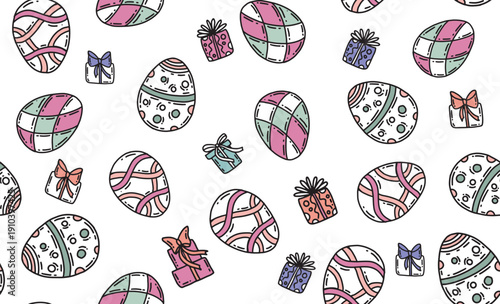 Pastel Hand-Drawn Easter Eggs and Gift Boxes Seamless Pattern