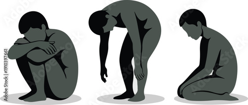  Sadness and Emotional Distress Human Silhouette Set – Mental Health and Low Mood Concept Vector Illustration