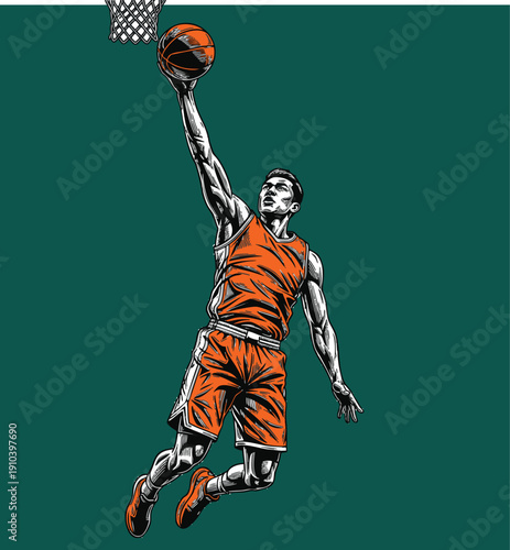 Dynamic illustration of basketball player performing a slam dunk