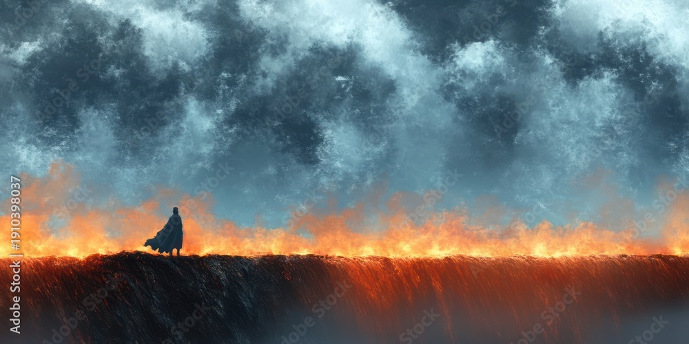Fototapeta premium Solitary cloaked figure on a dark ridge watching a burning horizon of flames beneath heavy storm clouds, an ominous and contemplative scene