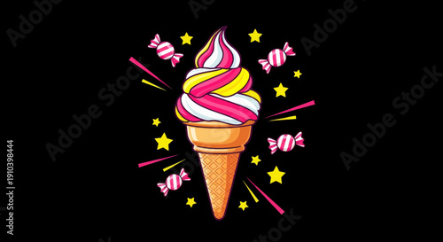 A charming cartoon illustration displays a colorful swirl ice cream cone with candies and stars scattered around on a dark background.