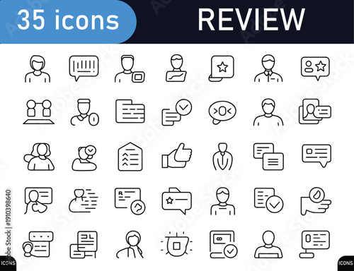 Minimal outline 35 icon collection focused on customer review and feedback experience,rating system, user satisfaction, testimonial, approval, evaluation process, digital review interface,black outlin