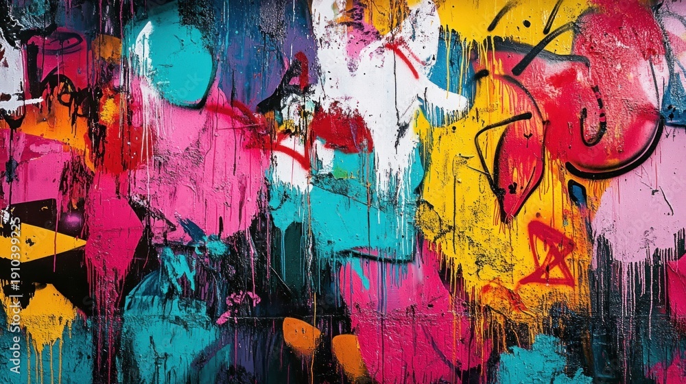 Fototapeta premium vibrant multicolor graffiti mural on a textured wall with dripping paint, bold splashes of pink, teal, yellow and black, layered abstract forms conveying energetic chaotic expression