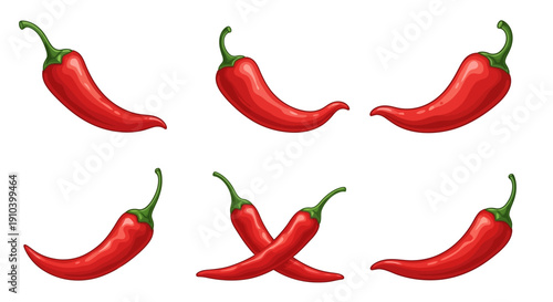 Red hot chili pepper vector illustration set, spicy chili icons isolated on white background