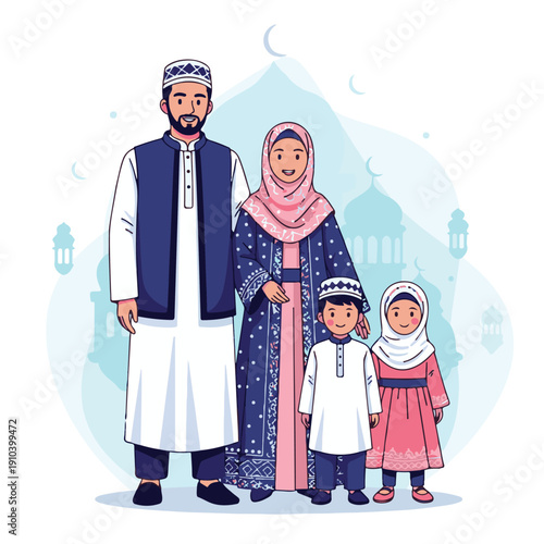 Muslim family in traditional clothing standing.