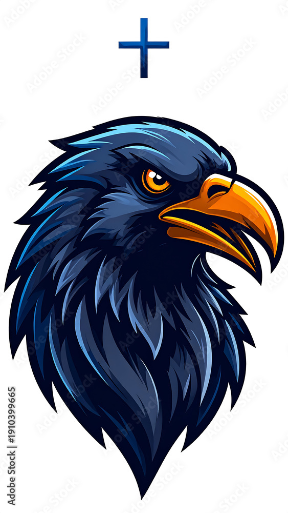 Fototapeta premium Fierce blue bird head, beak open, glaring eye, set on white background, topped with cross symbol