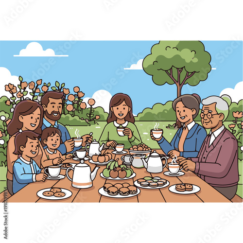 Family having a meal together outdoors.