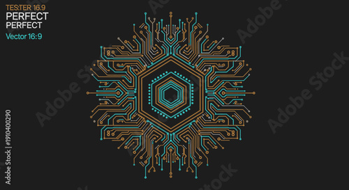 An intricate, symmetrical digital circuit board design forms a futuristic hexagonal mandala, showcasing advanced technology and complex electronic patterns on a dark background.