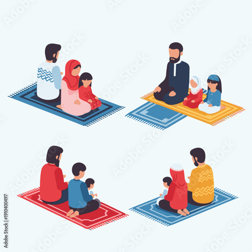 Family in Islamic prayer together.