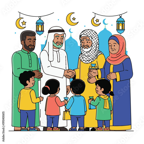 Muslim family shaking hands and smiling.
