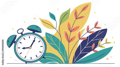 Turquoise alarm clock beside vibrant tropical leaves and plants, suggesting a fresh start and morning energy.