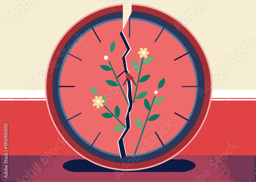 Cracked red clock face with delicate flowers and green stems growing through the fissures, symbolizing life and resilience.